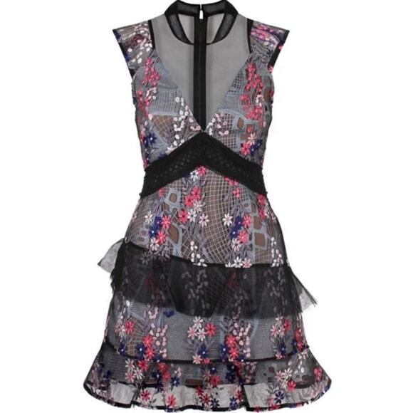 Self Portrait Floral Vine Overlay Mini Dress Sz. 2 - Picture 1 of 9